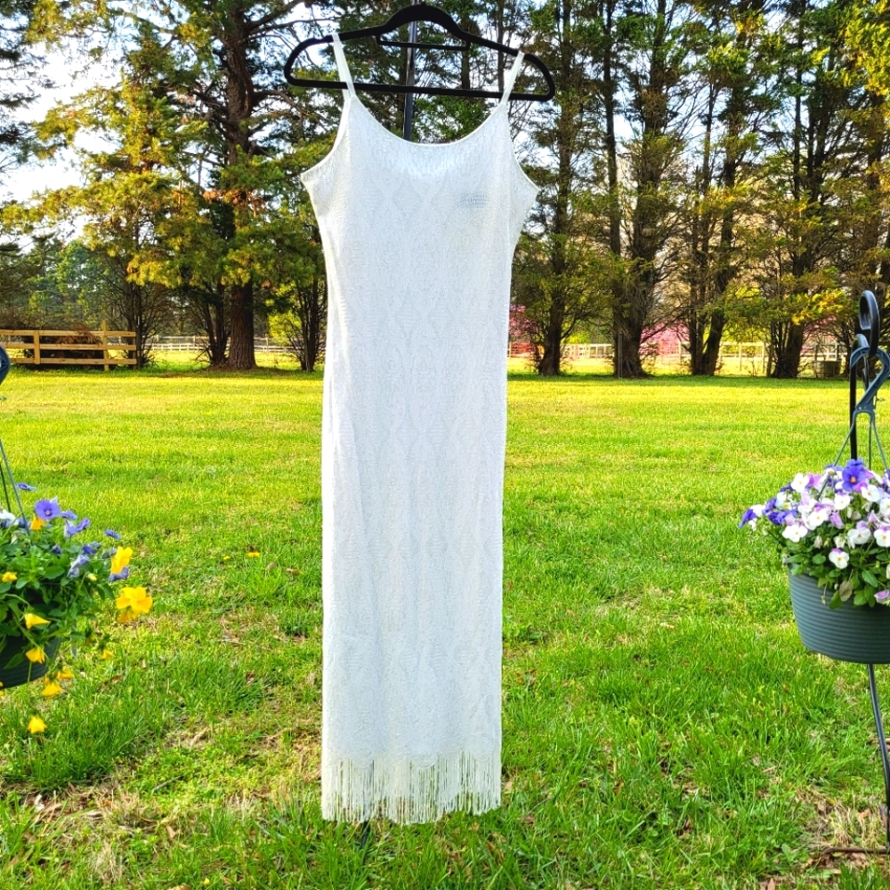 White Lace Fringe Slip Dress - Women's Summer Maxi